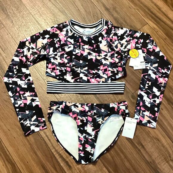 Zella Girl Sand & Sea Long Sleeve Two-piece Rashguard Swimsuit Black/Multi S14 - Picture 6 of 7